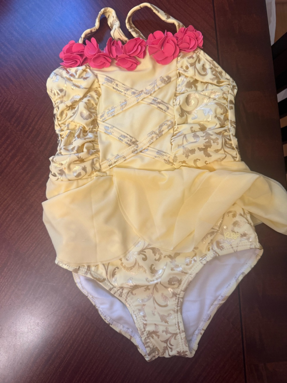 Yellow and Gold Girls' Ruffled Bathing Suit with Pink Flower Trim